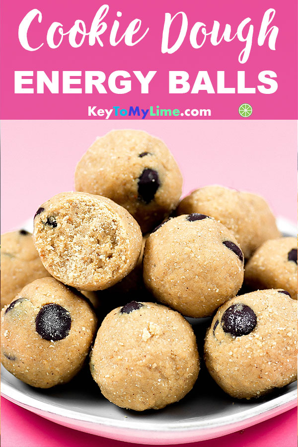 A pile of cookie dough energy balls on a plate.