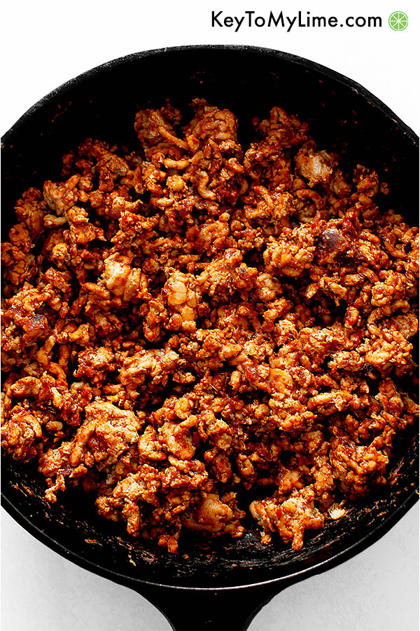 Ground turkey taco meat in a skillet.