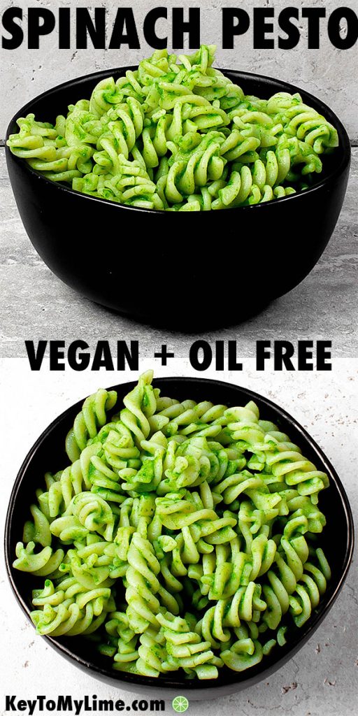 Healthy spinach pesto on pasta in a bowl.