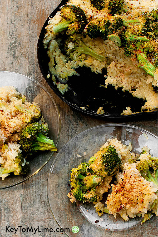 Vegan broccoli cheese and rice casserole on plates.