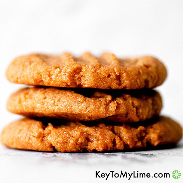 A stack of vegan peanut butter cookies.