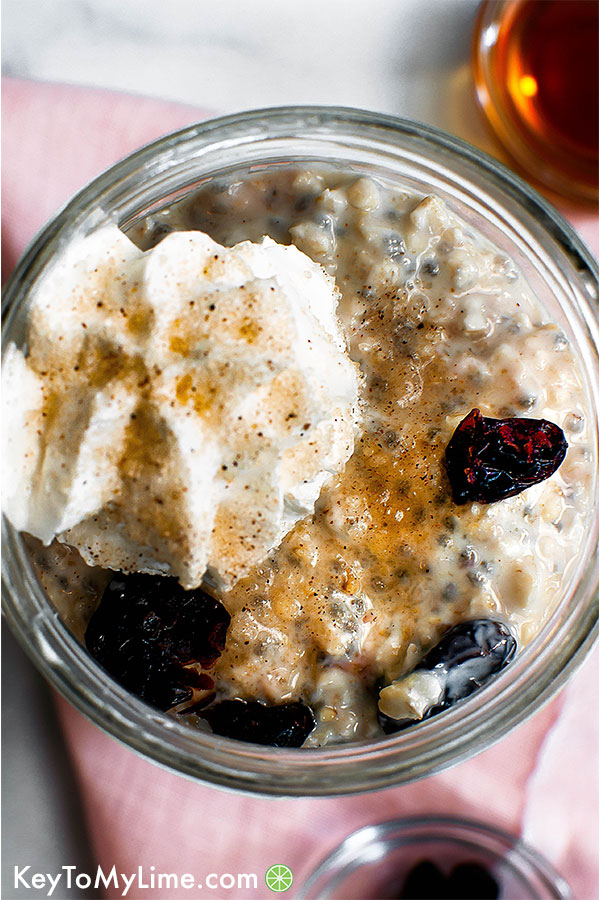 Close up of healthy maple overnight oats with cranberry.
