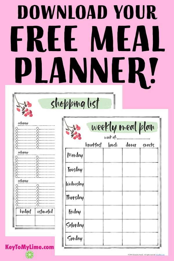 Image of a free weekly meal planner and shopping list.