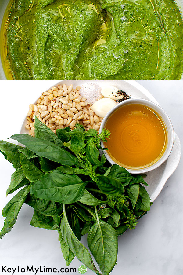 A process collage showing pesto ingredients and pesto blended.