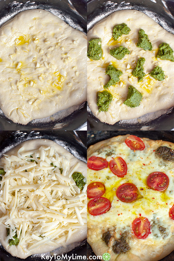 A process image collage showing how to make pesto pizza.