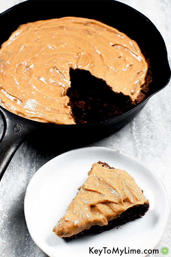 Almond butter frosting on chocolate cake.