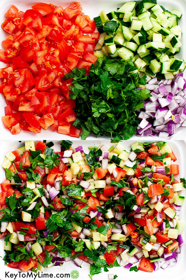 A process collage showing the ingredients for a tomato and cucumber salad both unmixed and mixed.