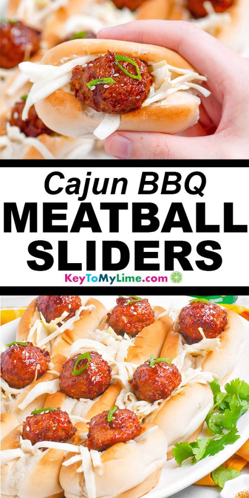 Two images of cajun bbq meatball sliders with title text in between them.