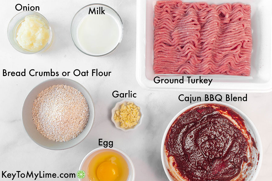 A labelled process image showing the ingredients for cajun bbq turkey meatballs.