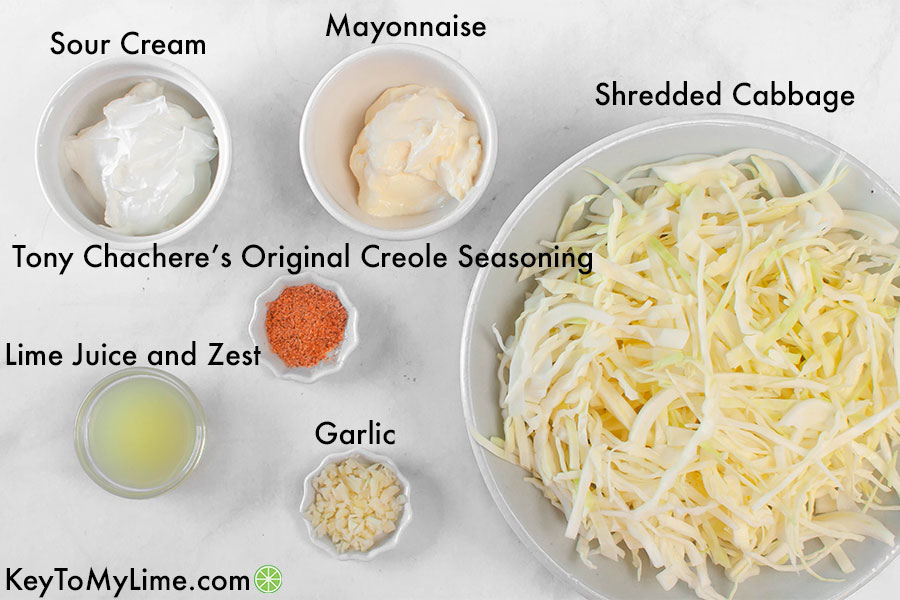 A labelled process image showing the ingredients for creamy lime slaw.