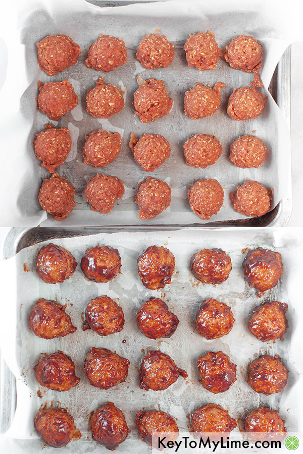 A process image collage showing the turkey meatballs on a baking sheet before and after baking