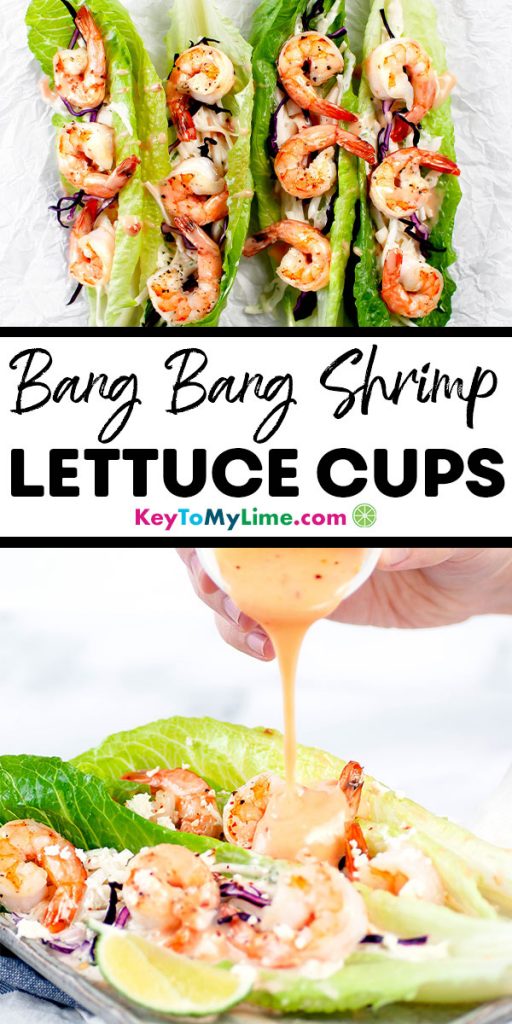A Pinterest pin image of two bang bang shrimp lettuce cup pictures separated by title text.
