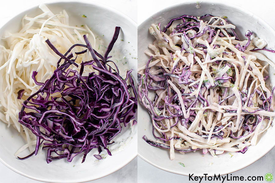 A process collage showing the cabbage slaw before and after mixing.
