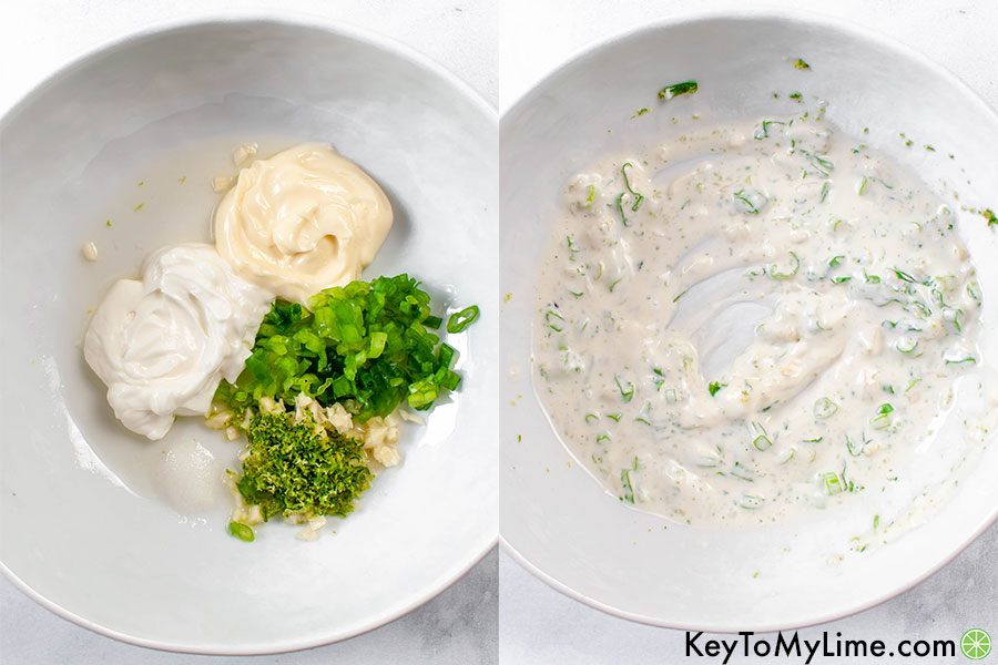 A process collage showing the cilantro lime sauce ingredients before and after mixing.