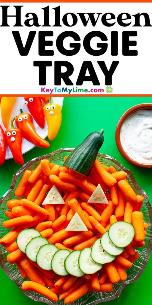 A Pinterest pin image showing a picture of a halloween inspired vegetable tray with title text at the top.