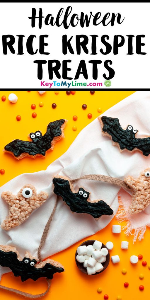 A Pinterest pin image showing a picture of Halloween rice krispie treats with title text at the top.
