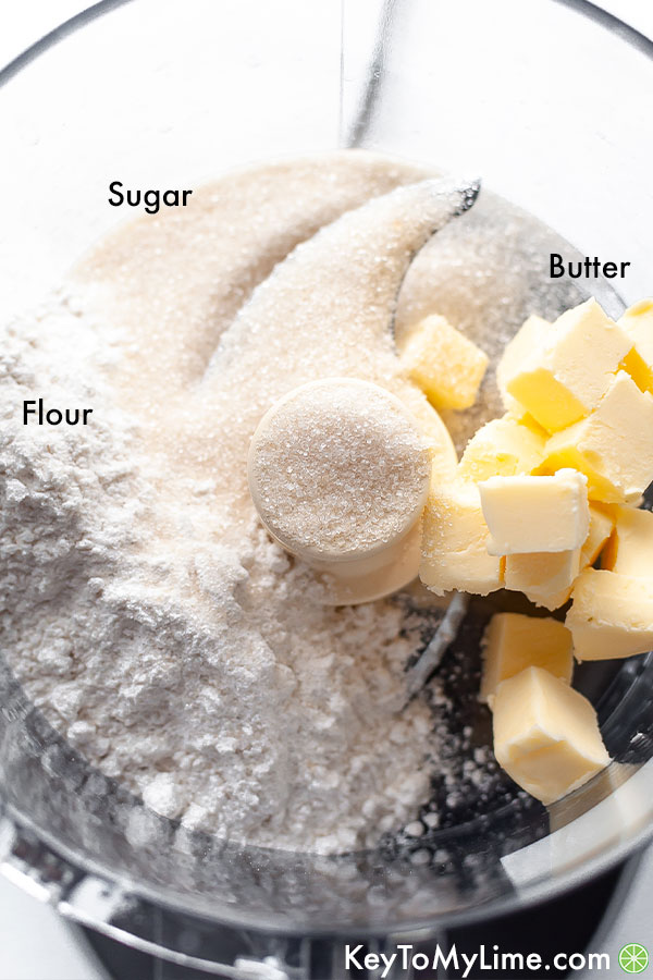 A labeled ingredient image showing flour, butter, and sugar before blending in a food processor.