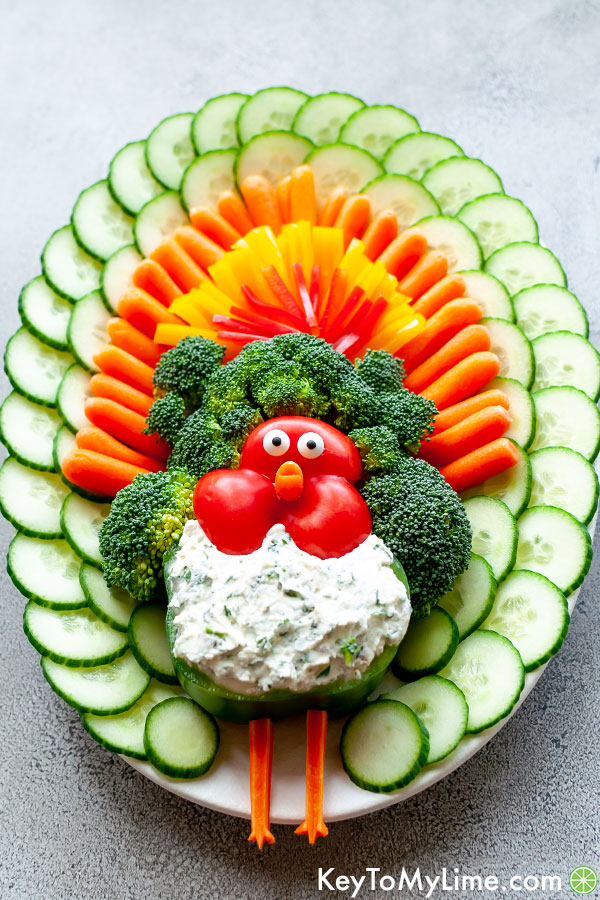 An overhead image of a turkey veggie platter.