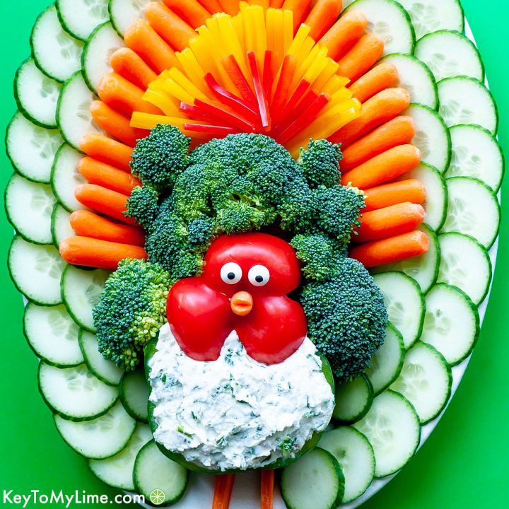 A turkey veggie tray on a green background.