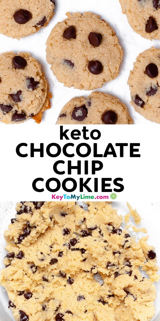 A Pinterest pin image showing pictures of keto cookies separated by title text in the middle.