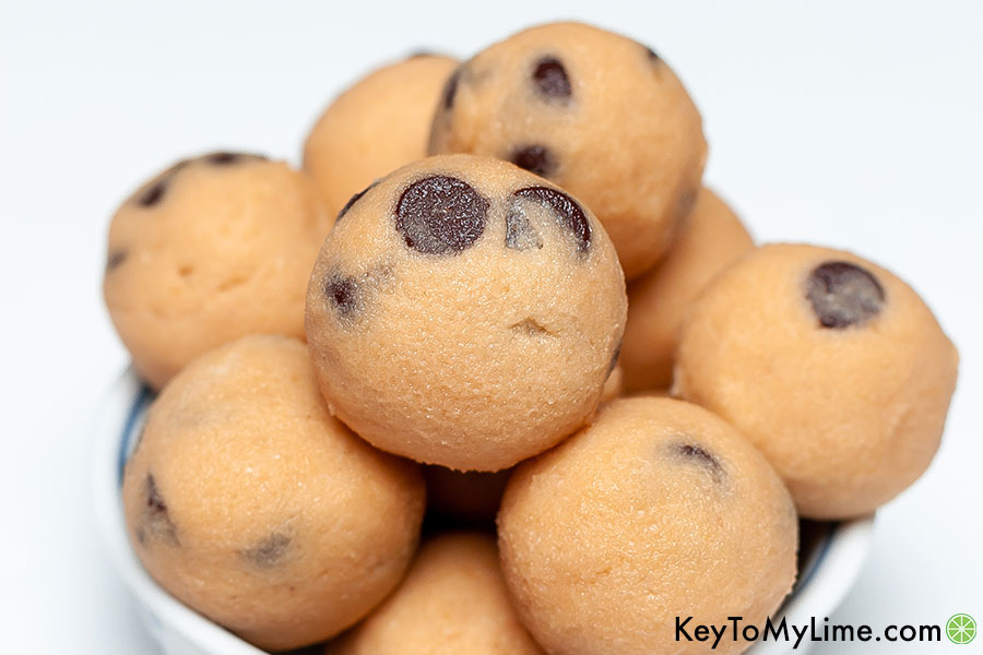 A horizontal image of keto cookie dough balls.