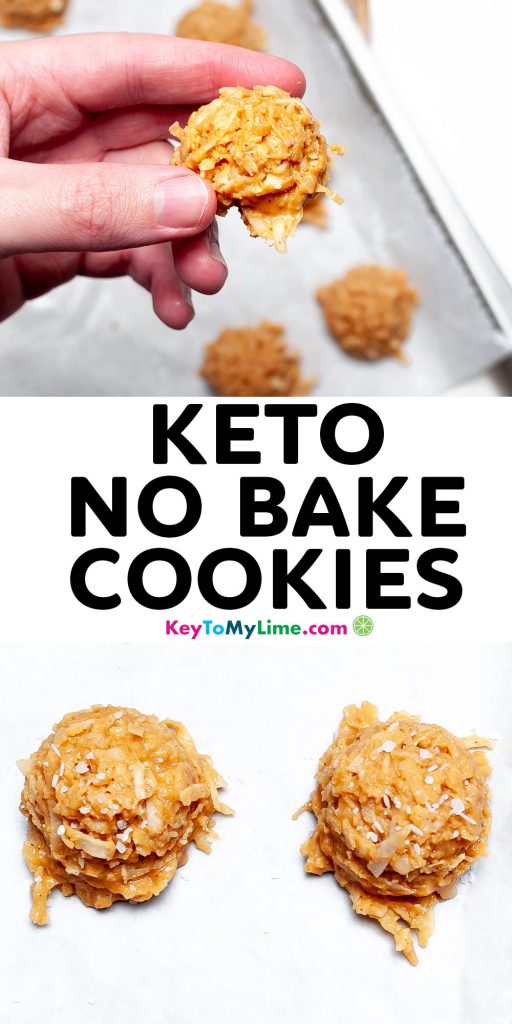A Pinterest pin image with two pictures of keto cookies and title text in the middle.