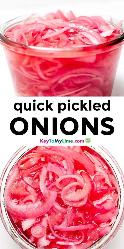 A Pinterest pin image showing two pictures of pickled red onions with title text in the middle.
