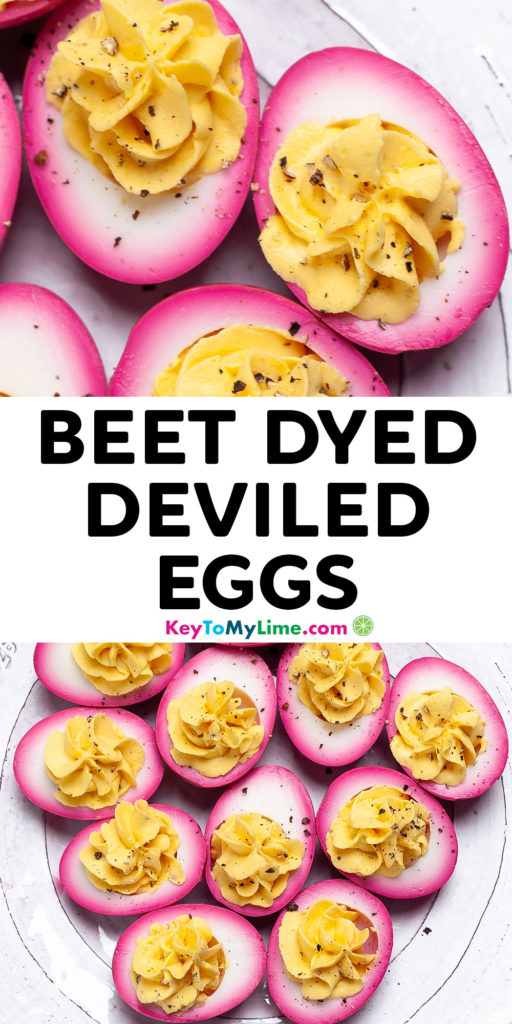 A Pinterest pin image with pictures of beet dyed deviled eggs and title text.