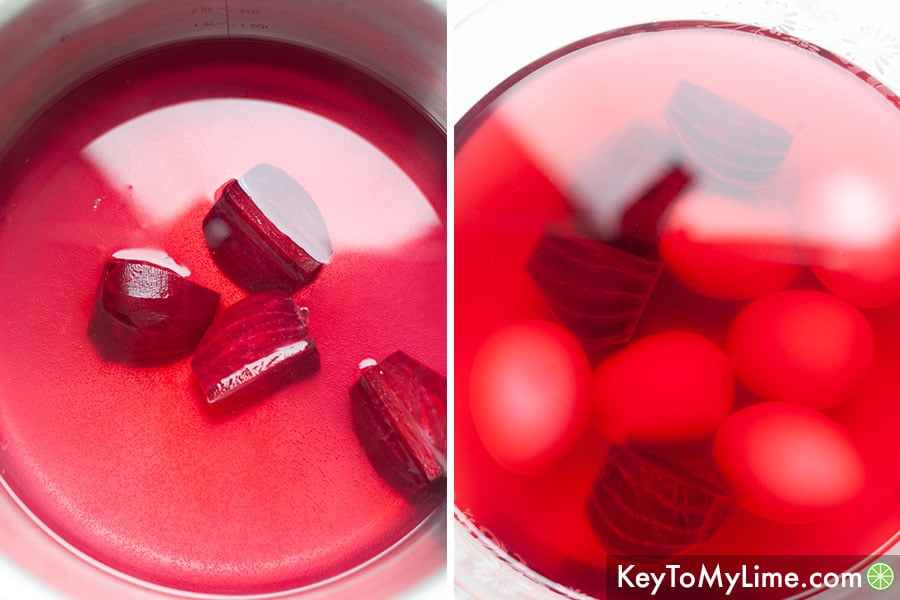 A process collage showing beet pickling liquid cooking and hard boiled eggs pickling in it.