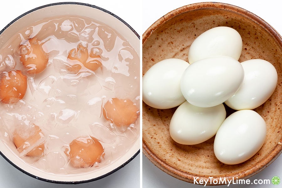 A process collage showing hard boiled eggs in an ice bath and after peeling.