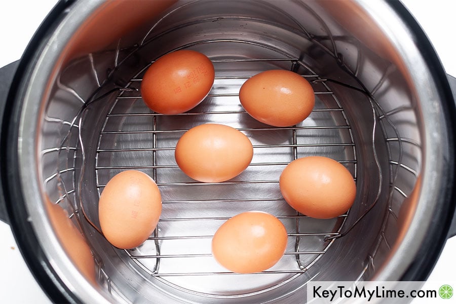6 eggs in an Instant Pot on top of a trivet.