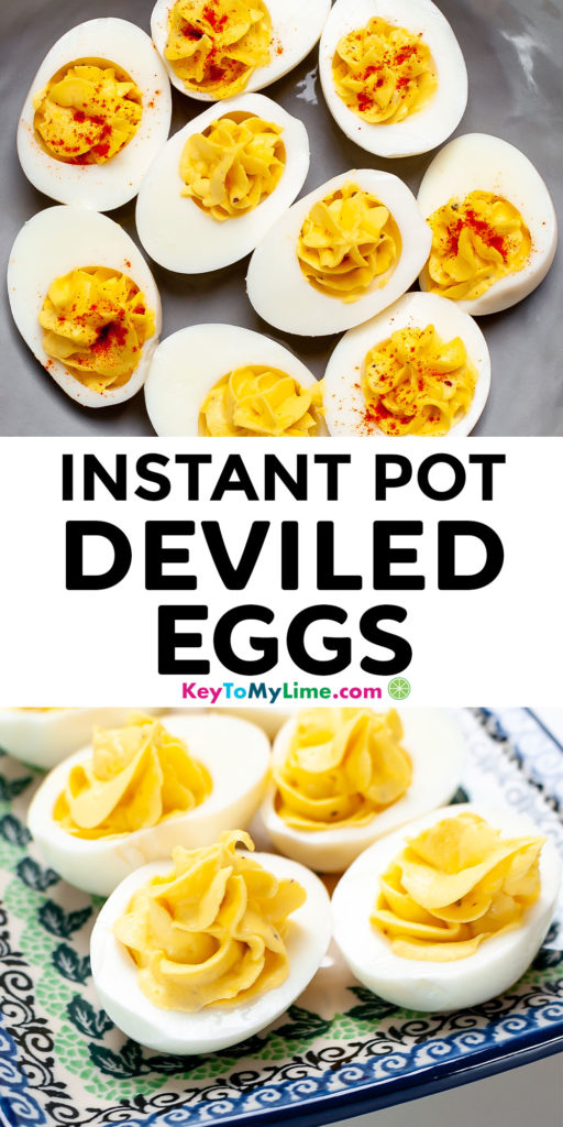 Pinterest pin image with pictures of Instant Pot deviled eggs and title text.