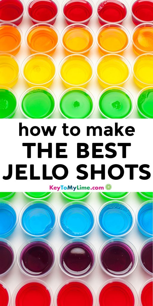 A Pinterest pin image with two pictures of jello shots and title text in the middle.