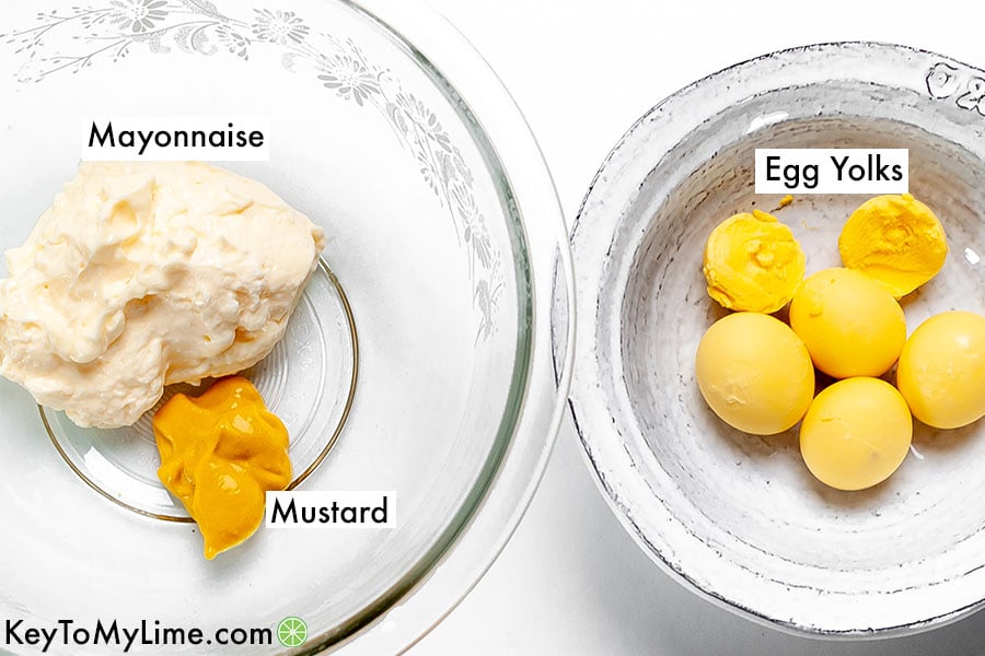 Labeled ingredients for deviled eggs yolk filling.