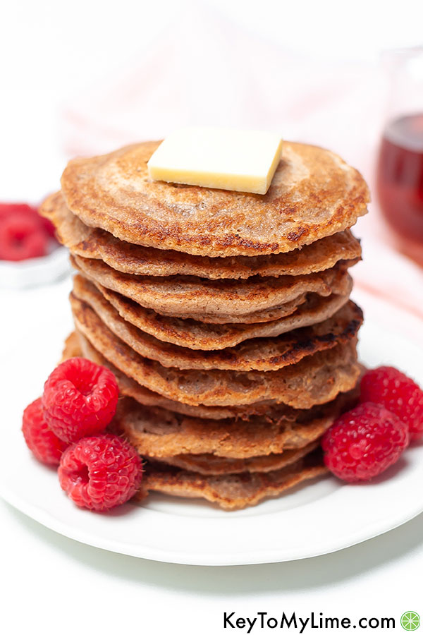 Close up of a stack of pancakes.