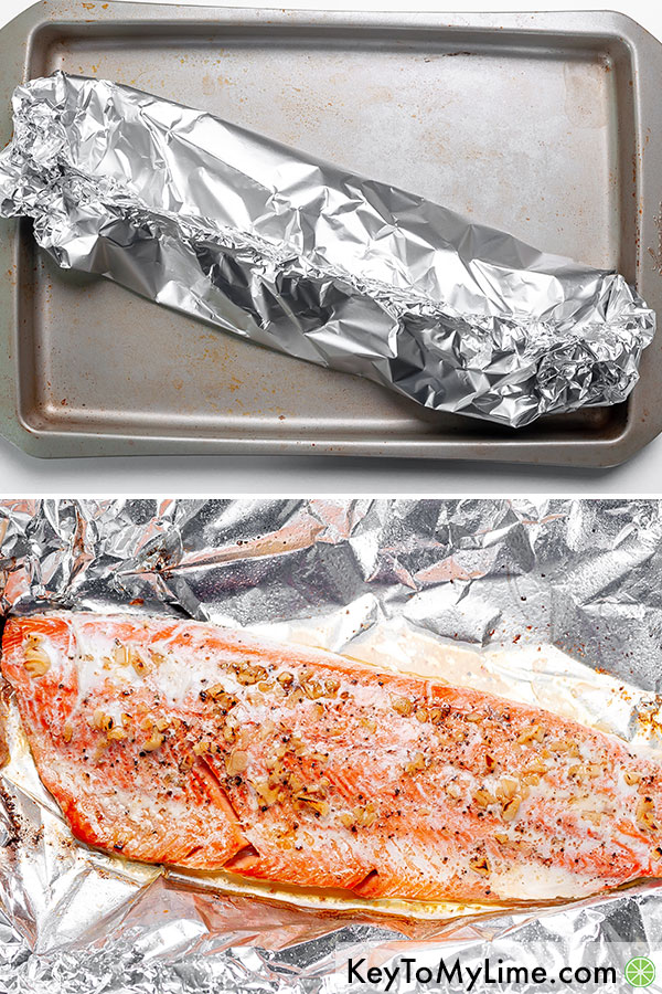 A process collage showing the fish wrapped in aluminum foil and then again after baking it.
