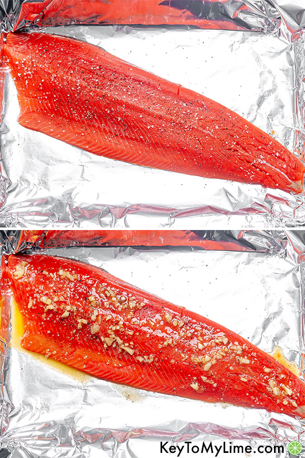 A process collage showing the raw salmon filet with salt and pepper, and then with the thick garlic butter sauce.