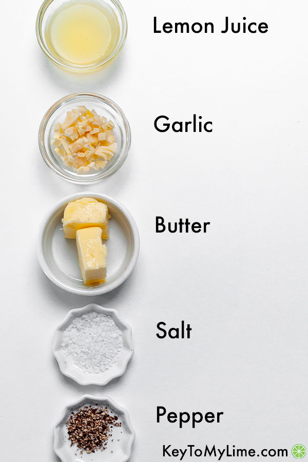 A labeled ingredient image of the garlic butter sauce ingredients.