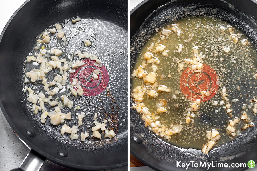 A process collage of the garlic butter sauce, showing the dehydrated lemon juice and the barely melted butter.