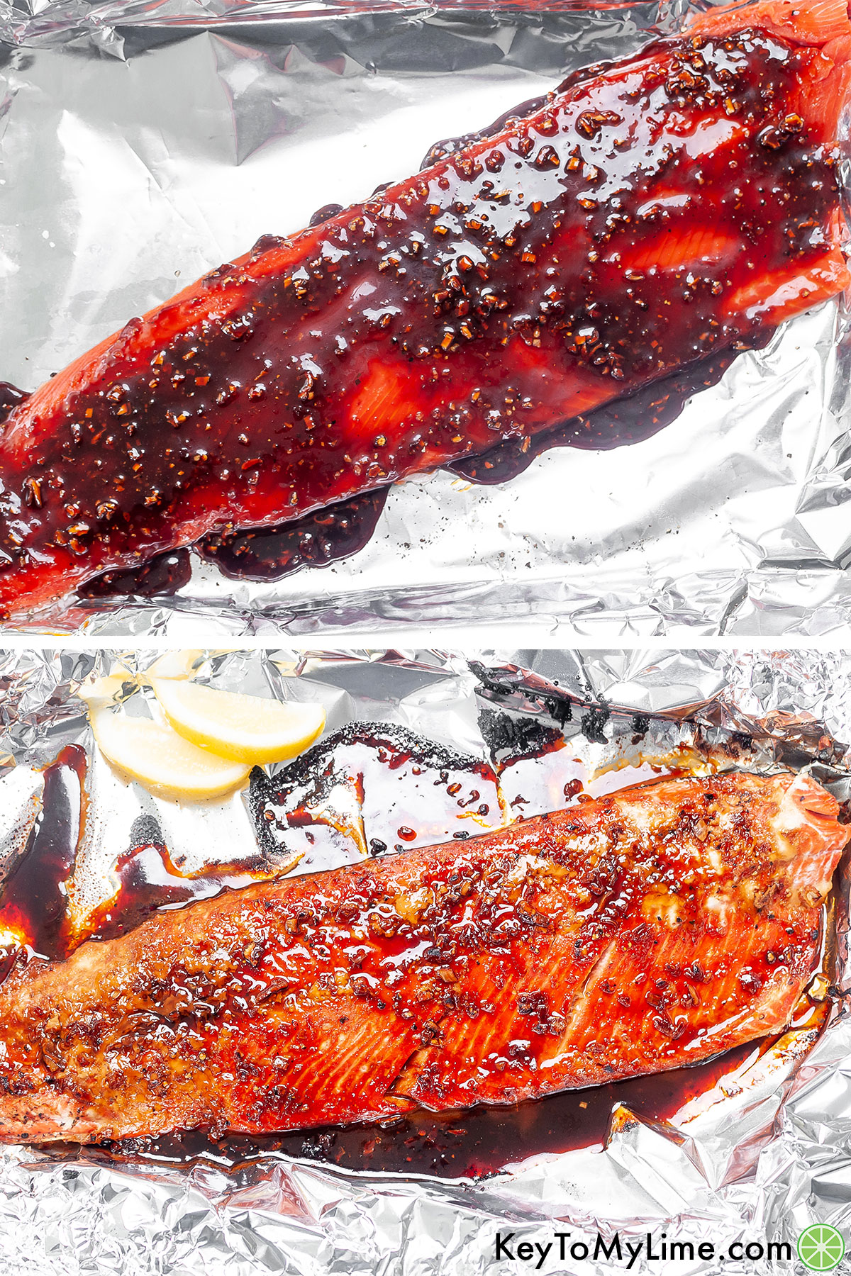 A process collage showing glazed salmon before and after baking.