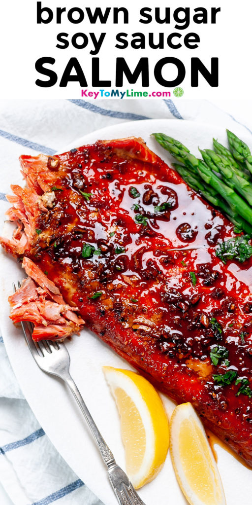 A Pinterest pin image with a picture of glazed salmon with title text.