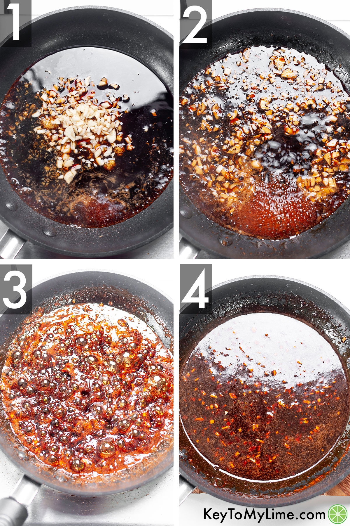 A process collage showing how the glaze bubbles a lot while it's cooking so that it's thick enough to stay on the salmon.