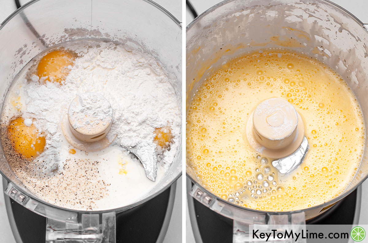 A process collage showing the egg mixture before and after blending it in a food processor.