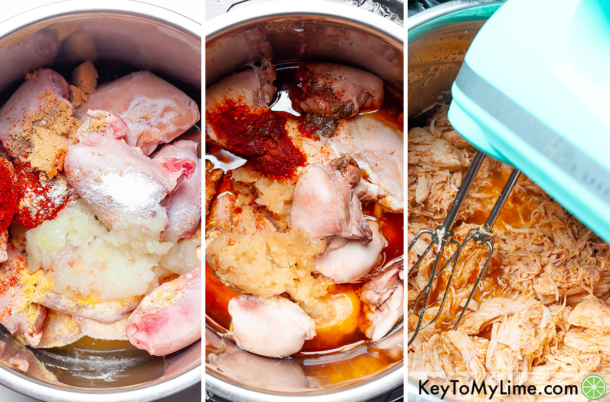 A process collage showing cooking chicken in the Instant Pot and then shredding it.