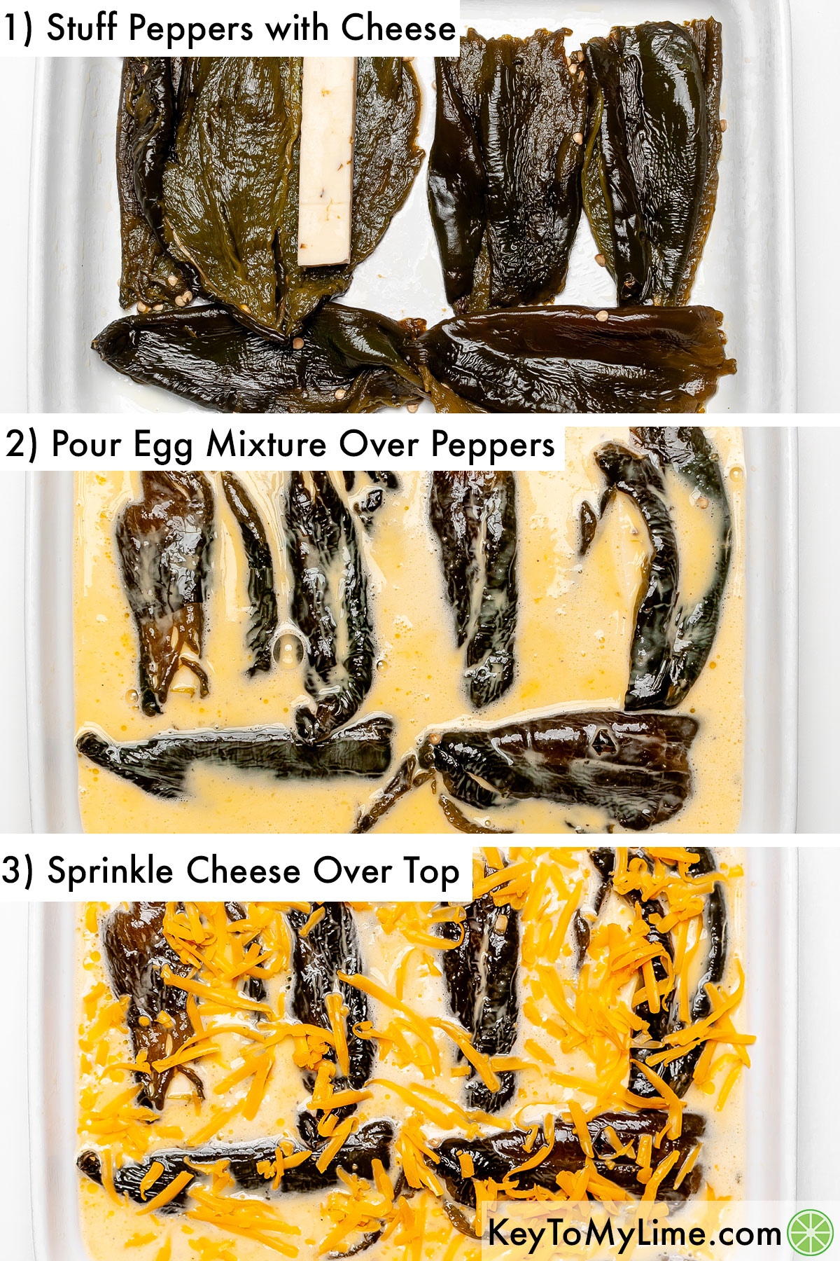 A process collage showing how to layer the casserole (stuffed peppers, then egg mixture, then shredded cheese).