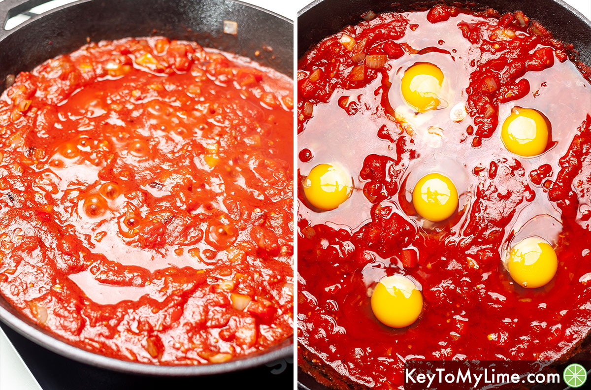 A process collage showing cooked tomato sauce and then adding raw eggs into it before baking.