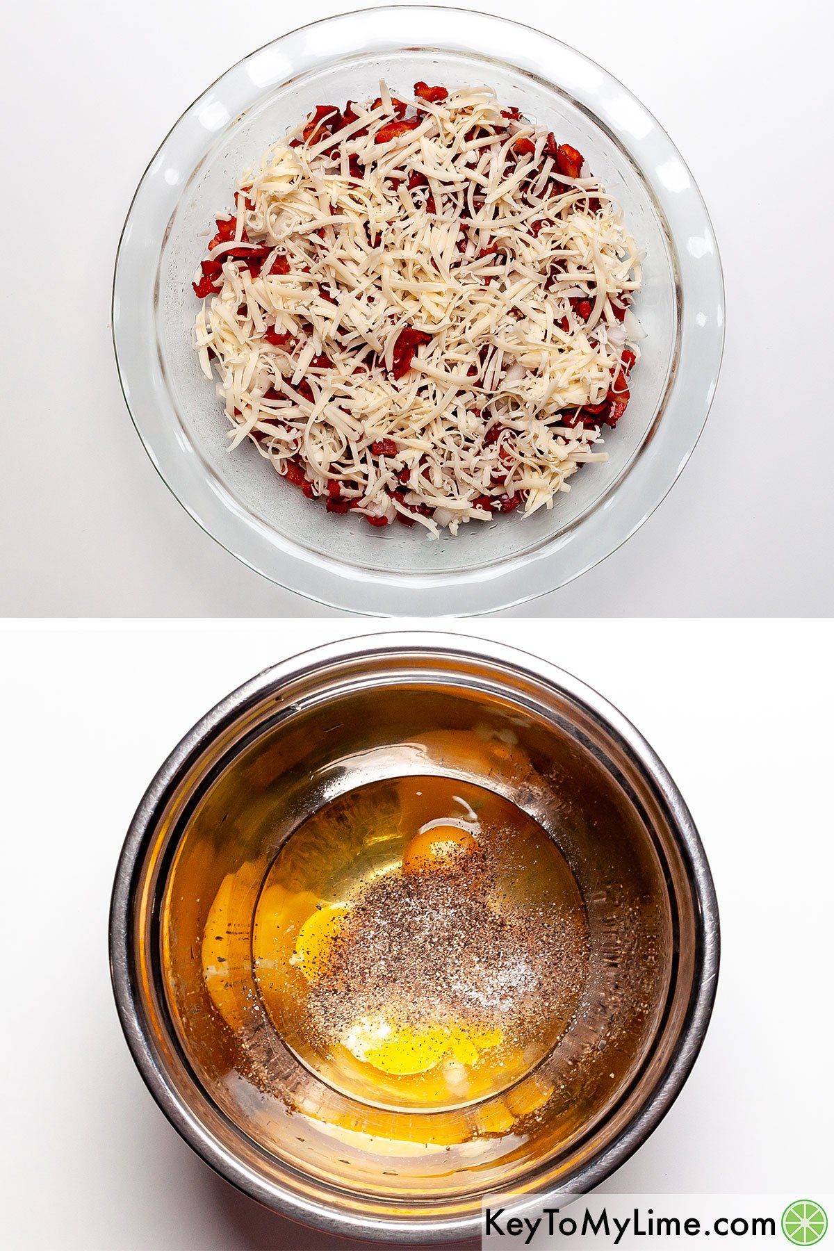 A process collage showing layering bacon and cheese in a pie dish, then mixing eggs with seasonings.