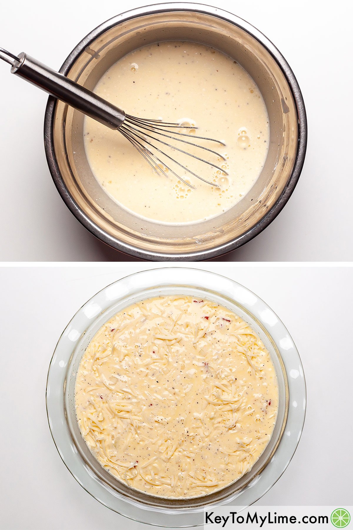 A process collage showing making Bisquick quiche filling and then pouring it in a pie dish.
