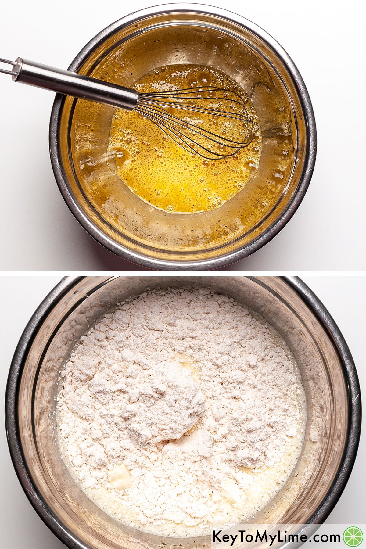 A process collage showing mixing eggs with milk and Bisquick.