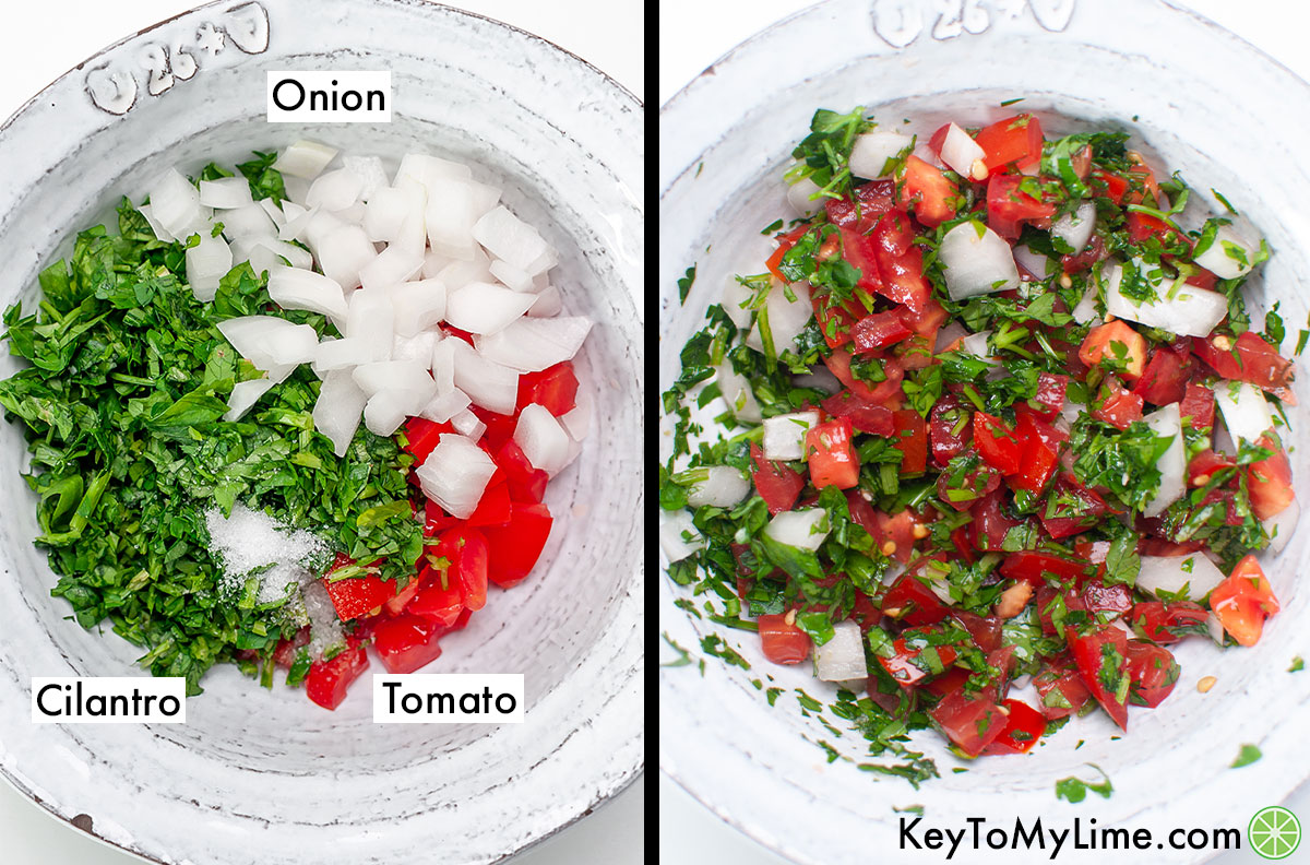 Pico de gallo before and after mixing.